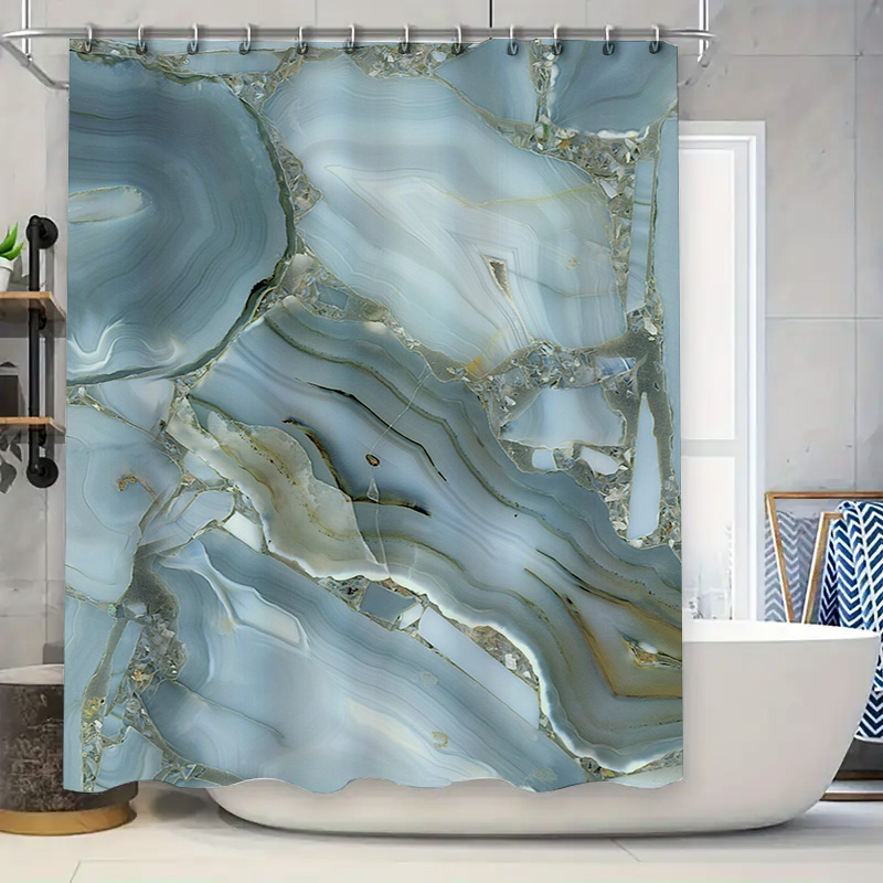 Home Bathroom Images - Blauer Marmor-Duschvorhang, wasserdicht, Badezimmer-Dekor, modernes Blumendruck-Duschplane